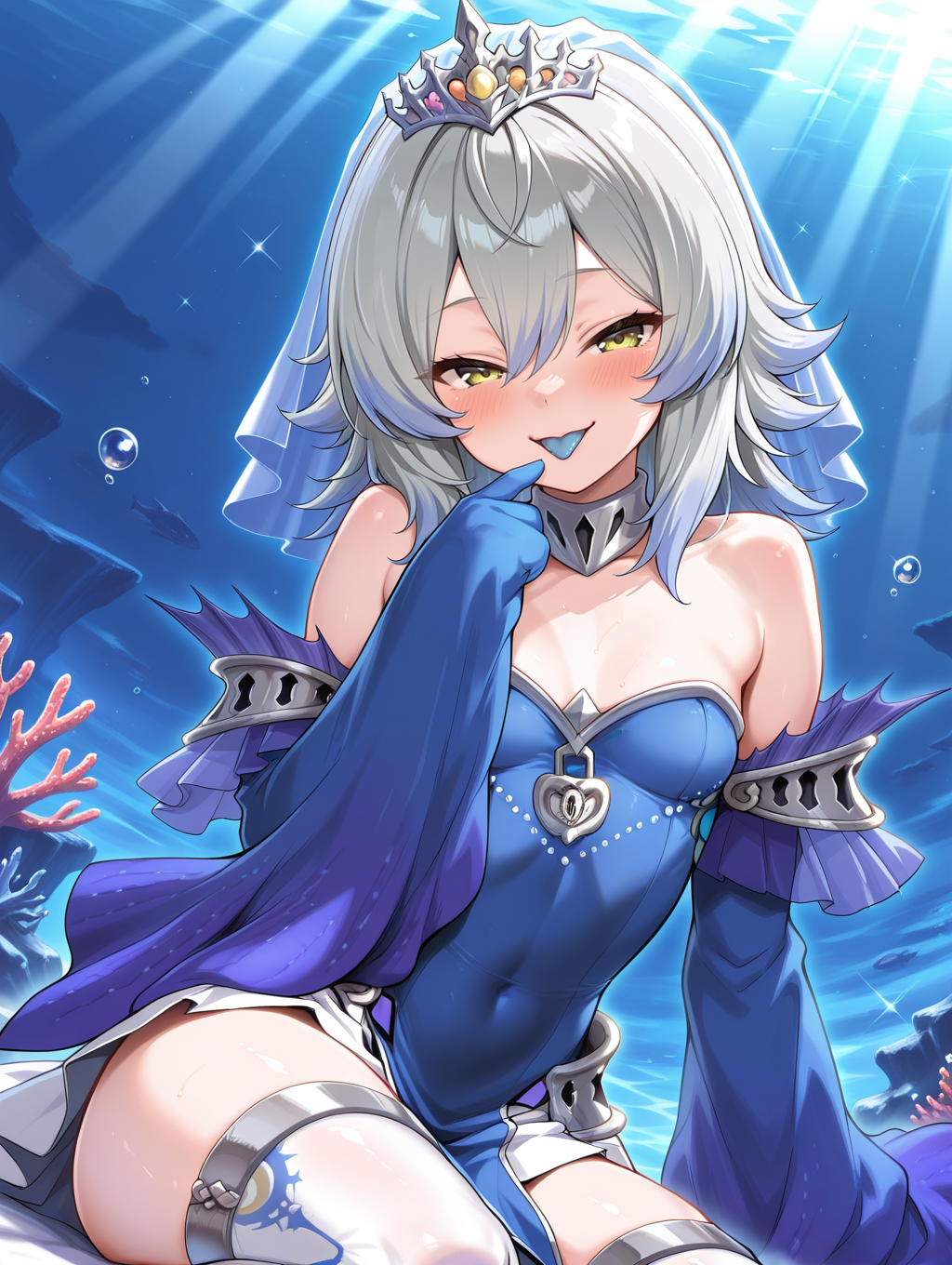 blue dress,tearlaments merrli,silver tiara,blue detached sleeves,mermaid,calf fins,1girl,solo,blue bridal veil,tongue out,blush,looking at viewer,smile,sleeves past fingers,small breasts,underwater,coral,light rays,naughty face,blue tongue,calf fins,sitting,white thighhighs,
masterpiece,best quality,amazing quality,very aesthetic,absurdres,newest,<lora:Tearlaments Merrli illuXL v1:0.75>,