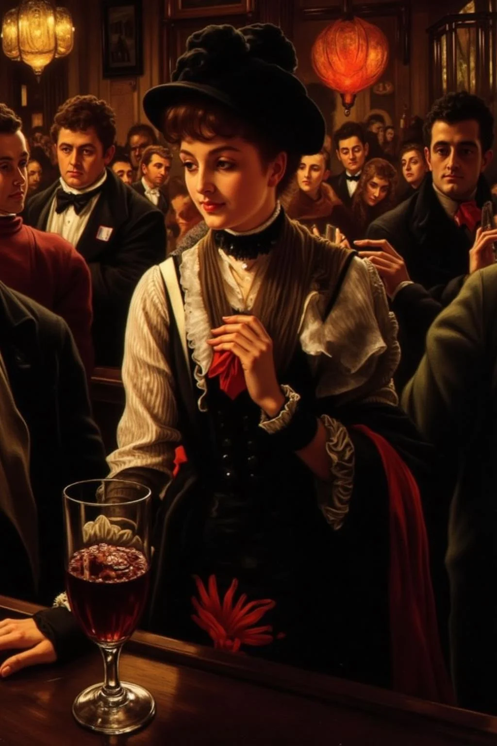 jati1 painting
The air buzzes with the energy of a busy 19th century Victorian Tavern, a mix of music, conversation, and the clinking of glasses. A barmaid, the embodiment of youthful vibrancy, navigates the lively scene. The setting and atmosphere are palpable: the warm, slightly sticky surface of the bar counter under her fingertips, the dim, colourful lighting that casts playful shadows. Sensory details are abundant: the condensation forming on the glass of wine, the texture of her dress.
<lora:jati1_cap_d6a3:1.0><lora:817322561495992509:0>
