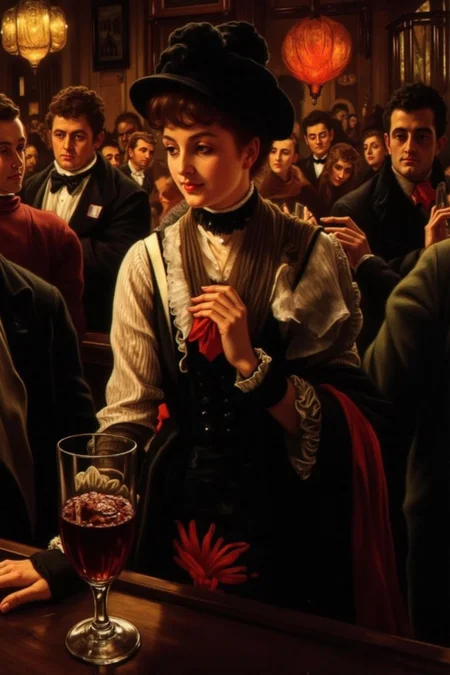 jati1 painting
The air buzzes with the energy of a busy 19th century Victorian Tavern, a mix of music, conversation, and the clinking of glasses. A barmaid, the embodiment of youthful vibrancy, navigates the lively scene. The setting and atmosphere are palpable: the warm, slightly sticky surface of the bar counter under her fingertips, the dim, colourful lighting that casts playful shadows. Sensory details are abundant: the condensation forming on the glass of wine, the texture of her dress.
<lora:jati1_cap_d6a3:1.0><lora:817322561495992509:0>