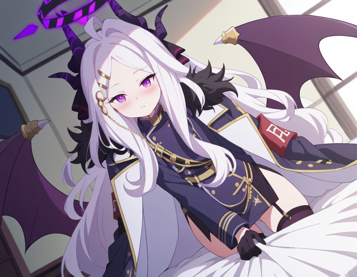 score_9, score_8_up, score_7_up, source_anime, <lora:hina-sorasaki-s1-ponyxl-lora-nochekaiser:1>, hina sorasaki, purple eyes, white hair, halo, ahoge, parted bangs, long hair, very long hair,, armband, black gloves, coat, coat on shoulders, demon horns, demon wings, fur collar, gloves, hair ornament, horns, long coat, military uniform, miniskirt, multiple horns, side slit, thighhighs, uniform, wings, zettai ryouiki,, indoors, bed, bed room, on side, blush, drunk, looking at viewer, solo, cowboy shot, dutch angle
