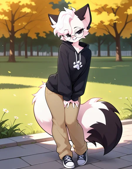 masterpiece, best quality, very aesthetic, absurdres,
outdoors,
full body, posing, casual,
seductive smile, parted lips, long eyelashes,
<lora:Catt_v01_NAIXL:1>,
Catt,1girl,solo,furry,furry female,cat girl,short hair,white hair,cat ears,black eyes,round eyewear,animal nose,body fur,two-tone fur,white fur,black fur,cat tail,