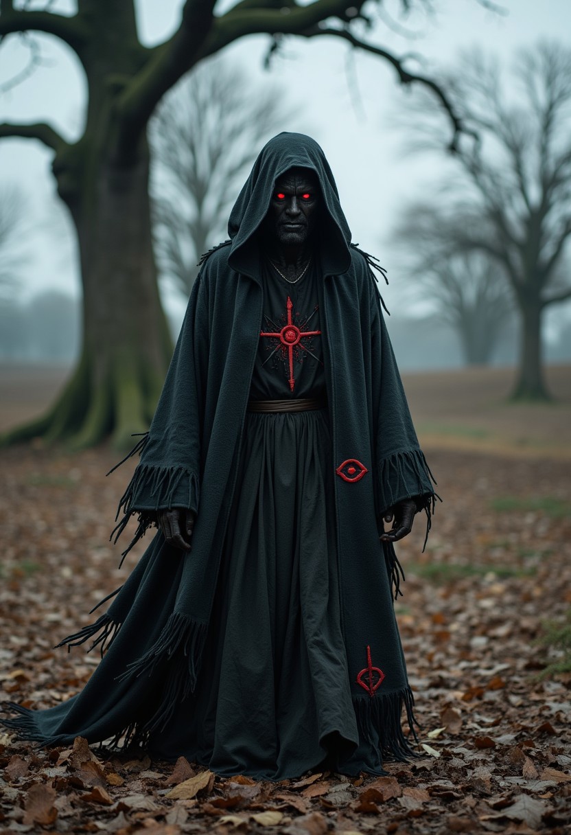 A cinematic shot of a sorcerer with dark magic. The sorcerer has black skin and glowing red eyes. They are wearing tattered robes with occult symbols. The sorcerer is standing in a desolate landscape. The ground is covered in dead leaves. There are large, twisted trees in the background. The sky is overcast.