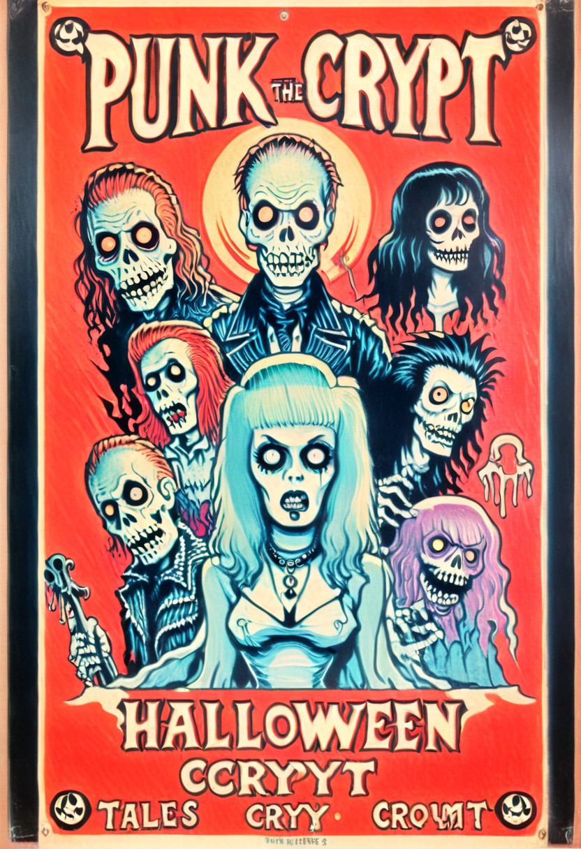 vintage concert poster, punk and rockabilly, Halloween influence, poster background, "tales from the crypt" style, edgy poster style, vintage psychobilly punk band music