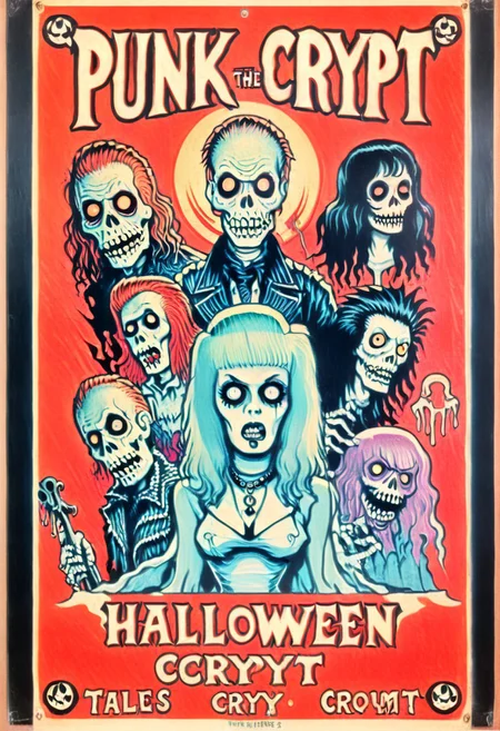 vintage concert poster, punk and rockabilly, Halloween influence, poster background, "tales from the crypt" style, edgy poster style, vintage psychobilly punk band music