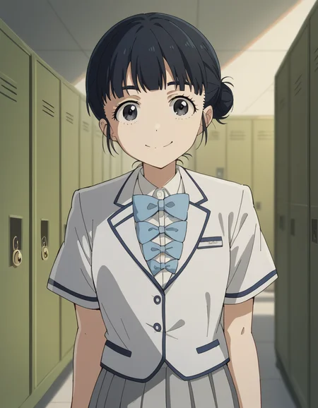 score_9, score_8_up, score_7_up, source_anime, <lora:tiara-basori-s1-ponyxl-lora-nochekaiser:1>, tiara basori, bangs, black hair, hair bun, black eyes, single hair bun,, skirt, shirt, bow, school uniform, white shirt, short sleeves, grey skirt, pleated skirt, bowtie, blue bowtie, blue bow, blazer,, school hallway, lockers, between classes, everyday life, , looking at viewer, smile, solo,, cowboy shot, dutch angle