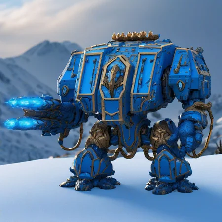a four meter tall blue with gold trim non-binary themed drdnght machine with heavy gun and rocket pod walks through icy tundra searching for enemies who hide behind frozen trees and boulders waiting in ambush, fire and flames spit from its flamethrower,
