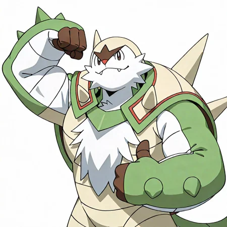 Anime screencap, masterpiece, absurd res, best quality, newest, 2024, 8k, 4k, detailed, solo, chesnaught, shell, pokemon (creature), green and beige body, upper body, flexing, [pecs], thumbs up, white background,