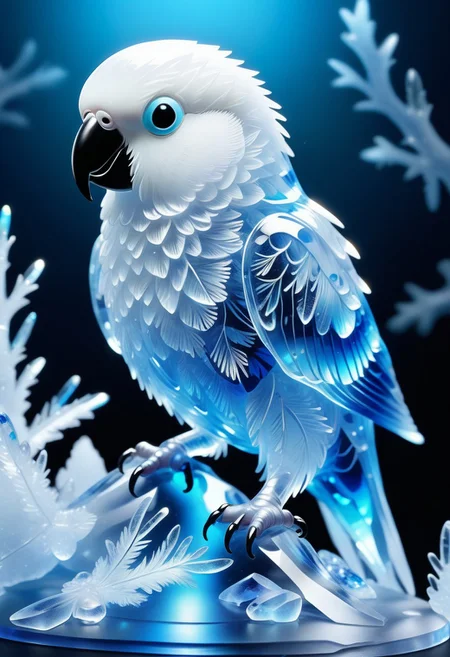 a pretty white bird parakeet made from Jed-Blmicry, masterpiece, full of details, <lora:BioIceCrystalStyle-000006:0.7>,