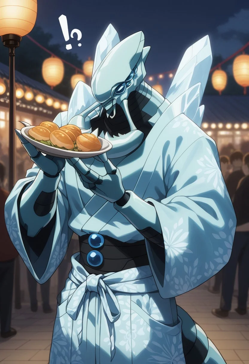 score_9, score_8_up, score_7_up, source_anime, rating_safe, exclamation point, holding food, CocytusOL, blue_Cocytus_eyes, pokemon (creature), robot focus, yukata, japanese clothes, light blue_Cocytus_claws, looking at viewer, hands with three fingers, blurry lantern festival, food stalls, crowd, solo focus, lanterns, smoke, cute wallpaper, happy-cheery,