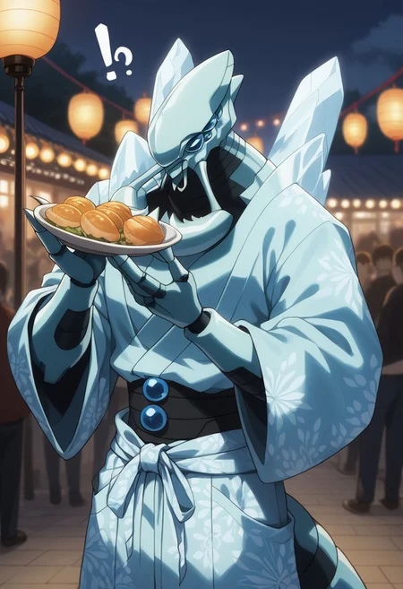 score_9, score_8_up, score_7_up, source_anime, rating_safe, exclamation point, holding food, CocytusOL, blue_Cocytus_eyes, pokemon (creature), robot focus, yukata, japanese clothes, light blue_Cocytus_claws, looking at viewer, hands with three fingers, blurry lantern festival, food stalls, crowd, solo focus, lanterns, smoke, cute wallpaper, happy-cheery,