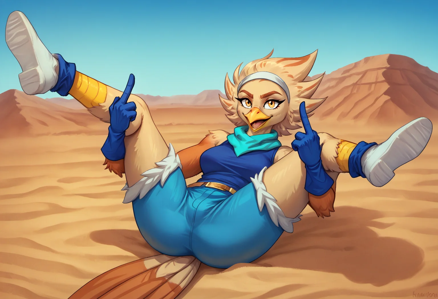 score_9, score_8_up, score_7_up, rating_questionable, HD, masterpiece, f1lthy9uns, solo, 1girl, lying on back, legs up, spread legs, kaiko, female anthro guira cuckoo, avian, beige feathers, beige hair, spiky hair, yellow beak, yellow eyes, bird tail, turquoise scarf, white hairband, blue gloves, blue tank top, blue shorts, belt, white footwear, (showing middle fingers), desert background, sand, sun, clear sky