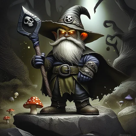core_9, score_8_up, score_7_up, score_6_up,ArsMJStyle, dnddarkestfantasy, <lora:DnD_Darkest_Fantasy_Party:1>, Gnome, The image is a digital illustration of a gnome sitting on a rock in a dark and eerie forest. The gnome has a long white beard and a pointed hat with a skull and crossbones emblem on it. He is holding a large axe in his right hand and has a menacing expression on his face. The background is filled with dark and ominous foliage with a hint of smoke and fog. The overall mood of the image is dark and foreboding., hat, 1boy, facial hair, solo, male focus, beard, witch hat, staff, pointy ears, skull, belt, glowing, holding, white hair, glowing eyes, cape, wizard, boots, mushroom, old man, standing, gloves, wizard hat, old, mustache, rock, tree, dnddarkestfantasy