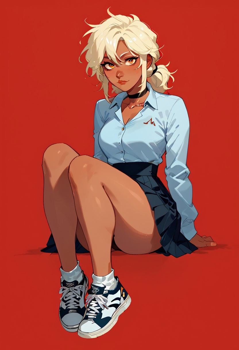 score_9, score_8_up, score_7_up, score_6_up, score_5_up, score_4_up, sexy girl,  solo female, 29 years old, score_9,score_8_up,score_7_up,score_6_up,  red background, simple background, full body shot,
cute woman, leotard, skirt, sneakers, jewelry, dark skin
