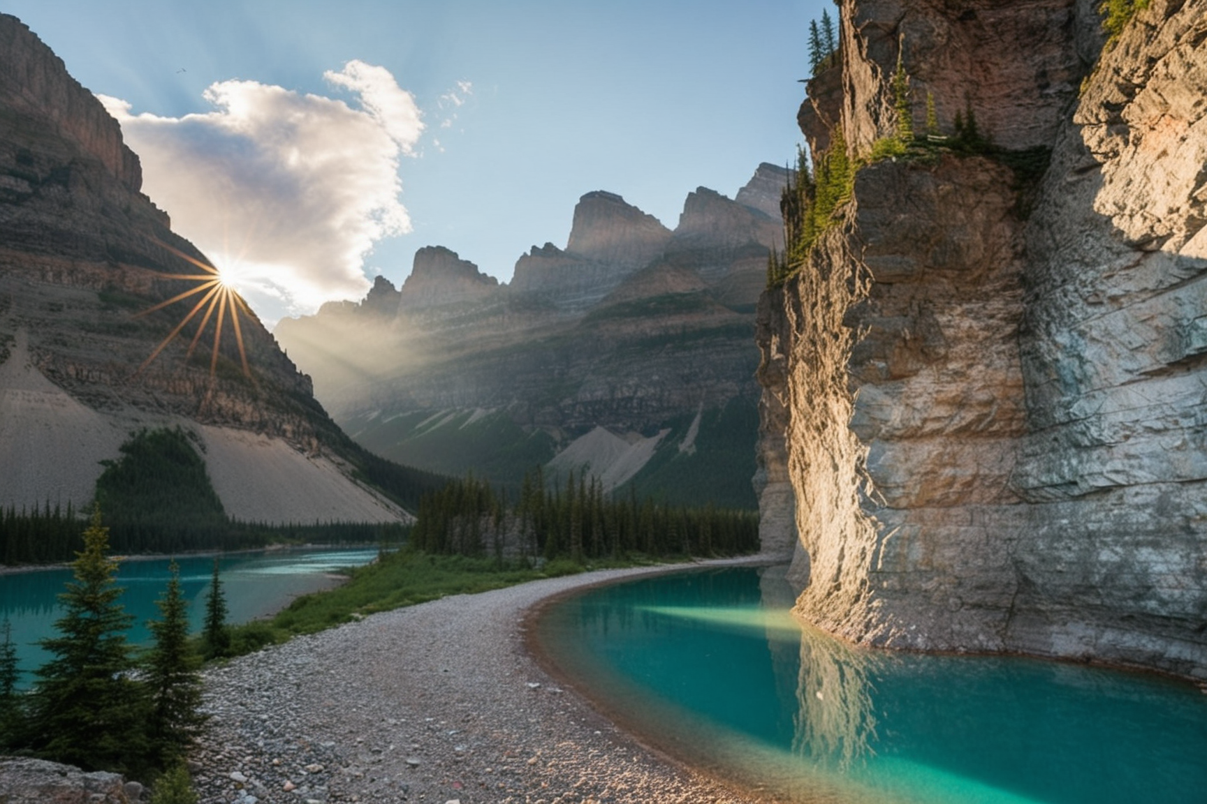 A steep-walled canyon opens into a turquoise river in the Canadian Rockies, the cliffs layered with ancient stone. At summer sunrise, (rosy peaks:1.2) reflect in calm water, birds fly low, and dew sparkles. ,