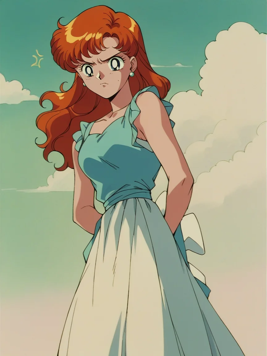 score_9, score_8_up, score_7_up, score_6_up, score_5_up, <lora:s41l0rm00nXLP:1> s41l0rm00n, retro artstyle, 1girl, ginger hair, annoyed, solo, dress