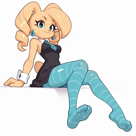 Masterpiece , high quality, 1girl, solo, rabbit girl, blonde body, furry, anthro, blonde fur, 1girl, blonde hair, twin drills, black school uniform, dress, blue pantyhose, striped pantyhose, rabbit ears, bunny girl,blue earrings, animal ears, animal nose, white background, sassy, medium breasts size, smiling, bare shoulders,sleeveless, anime eyes, detailed eyes, blue tie, eyelashes, aqua cyan eyes, beautiful eyes, bright colors, light eyes color, shiny skin, muscular, solo, dynamic pose , showing soles, showing feet