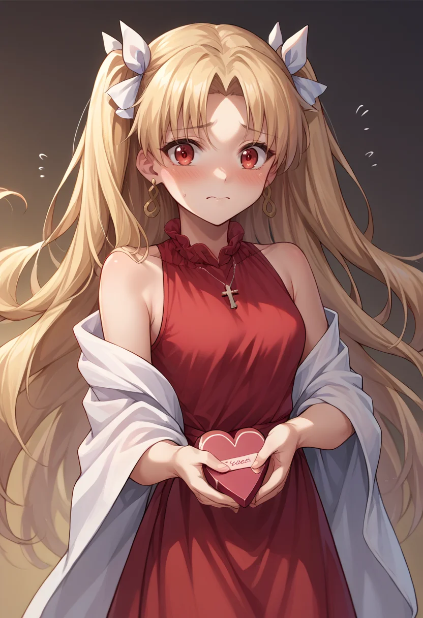 score_9, score_8_up, source_anime, EreshkigalBitterSweet, two side up, white hair ribbon, red dress, sleeveless dress, cross necklace, black pantyhose, white shawl, shy, embarrassed, heart-shaped chocolate, heart-shaped box, happy valentine, <lora:CHAR-EreshkigalPonyXL:1>