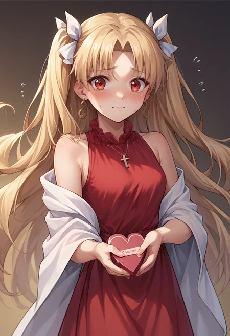score_9, score_8_up, source_anime, EreshkigalBitterSweet, two side up, white hair ribbon, red dress, sleeveless dress, cross necklace, black pantyhose, white shawl, shy, embarrassed, heart-shaped chocolate, heart-shaped box, happy valentine, <lora:CHAR-EreshkigalPonyXL:1>