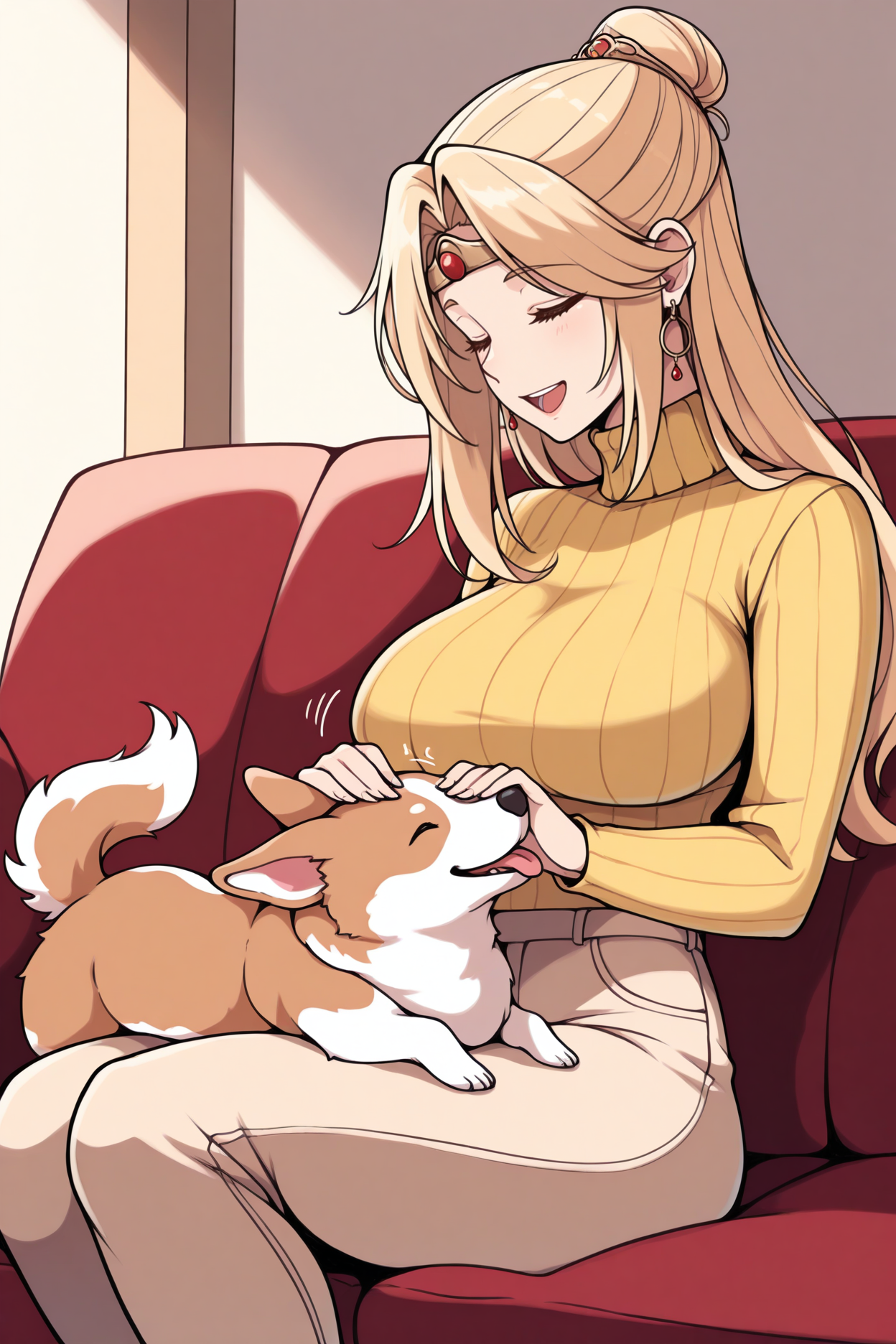 masterpiece, best quality, 1girl, solo <lora:ffrosa-illu-nvwls-v1-000006:1> ffivrf, blonde hair, long hair, half updo, earrings, circlet, yellow sweater, turtleneck, large breasts, beige pants, sitting, couch, welsh corgi, closed eyes, happy, petting dog