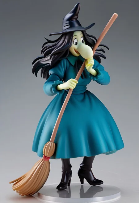 score_9, score_8_up, score_7_up BREAK figure, WitchHazel, 1girl, black hair, black eyes, green skin, single lower bucktooth, long nose, black witch hat, long-sleeved teal shirt, teal skirt, white victorian bloomers, long black high-heeled boots, cartoon, source_cartoon, smiling, full body, magical broom, magic broom,