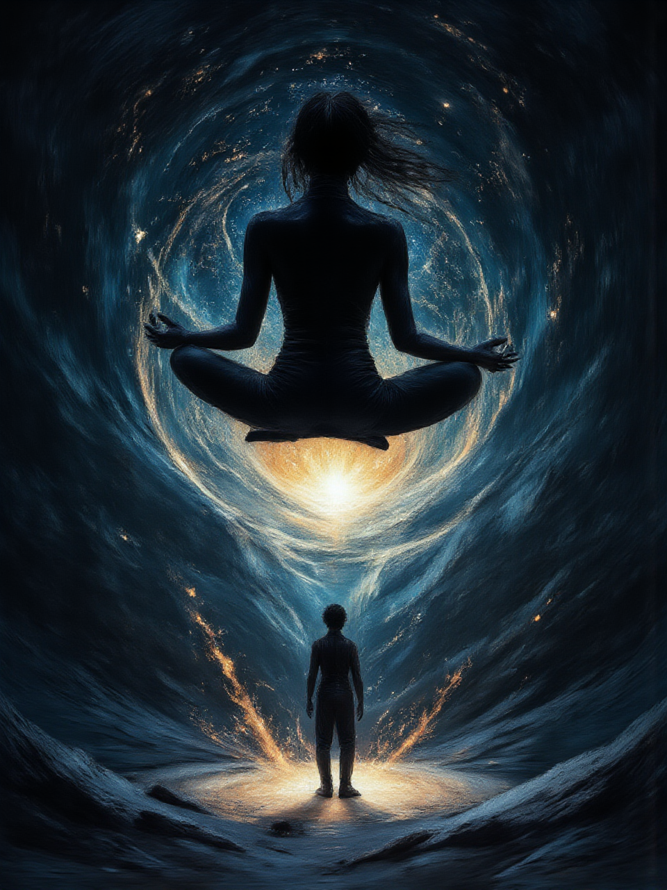 An illustrated image of a woman meditating while floating above a glowing crater, with stars visible in the distance.  <lora:midjourney_whisper_flux_lora_v01:1.1> Midjourney_Whisper,  
<lora:Midjourney_Whisper_Elegance:1.0> 
<lora:InkEdgeMono-Complex_Epoch-08:1.1> 1NK3D63-M0N-C0M, an illustration of, background is <lora:midjourney_whisper_chromaplex_v1:0.5>, border is midnight blue | no deformed hands, no too many limbs, no too many fingers,