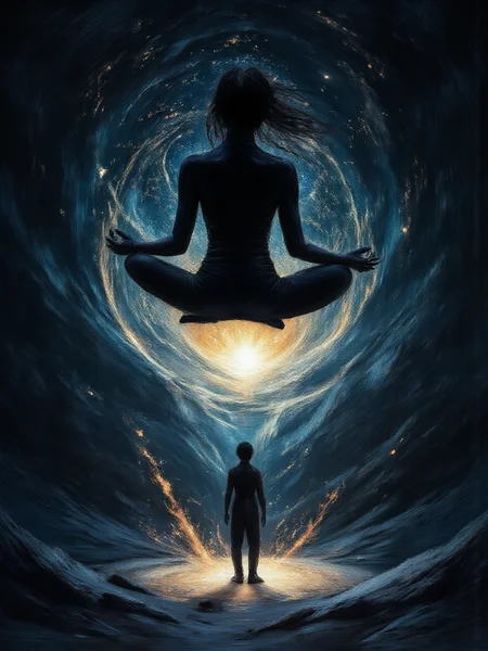 An illustrated image of a woman meditating while floating above a glowing crater, with stars visible in the distance. <lora:midjourney_whisper_flux_lora_v01:1.1> Midjourney_Whisper,
<lora:Midjourney_Whisper_Elegance:1.0>
<lora:InkEdgeMono-Complex_Epoch-08:1.1> 1NK3D63-M0N-C0M, an illustration of, background is <lora:midjourney_whisper_chromaplex_v1:0.5>, border is midnight blue | no deformed hands, no too many limbs, no too many fingers,