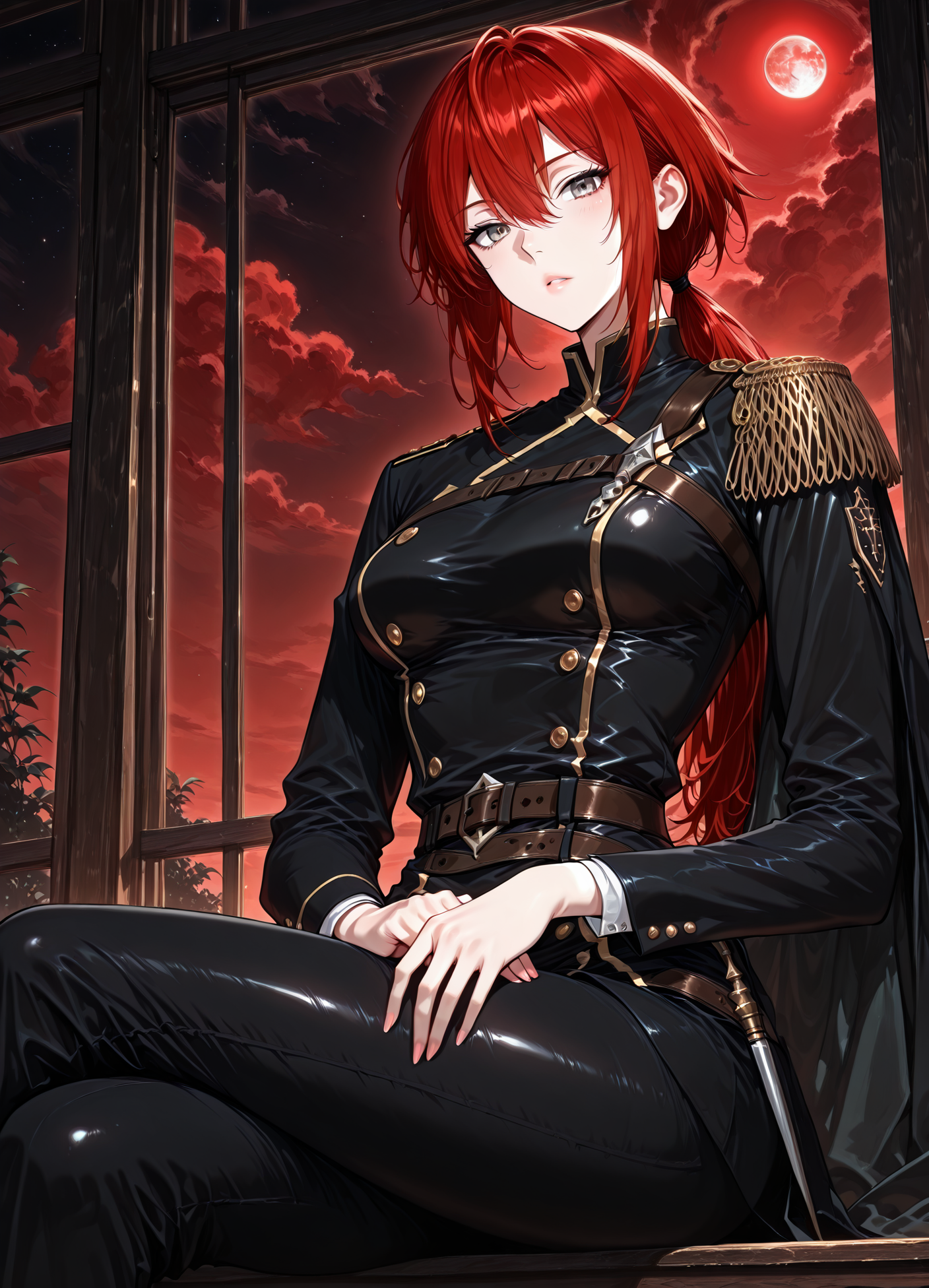 <lora:Claire_Bladeheart__The_Beginning_After_the_End__Illustrious:1>
1 girl, solo, grey eyes, red hair, ponytail, low ponytail, long hair, hair between eyes, bangs, black uniform, black jacket, black pants, epaulettes, long sleeves, belt, double-breasted
(Anime_source),Masterpiece,(perfect female body:1.2), small waist,(incredibly detailed:1.4), slim, beautiful fingers, parted lips, looking at viewer, sitting , crossed legs, night, red moon,  <lora:iLLMythG0thicL1nes:1>