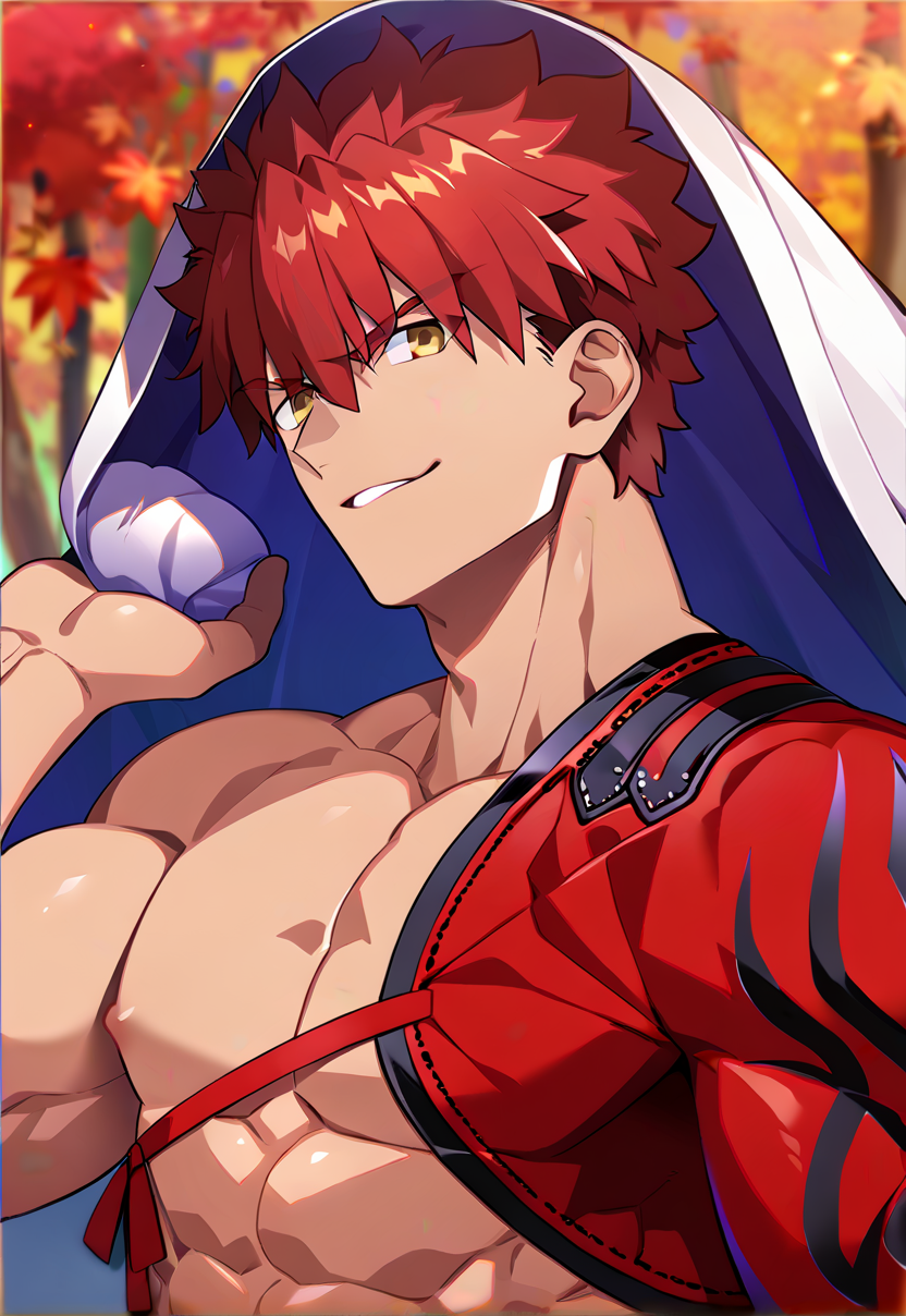 1boy, male focus, muscular male, best quality, amazing quality, best aesthetic, absurdres, official style, year 2023, game cg,  <lora:SenjiMuramasaFATEPONY:1> senji_muramasa_(fate), red hair, yellow eyes, igote, nipples, smirk, autumn, autumn leaves, upper body,