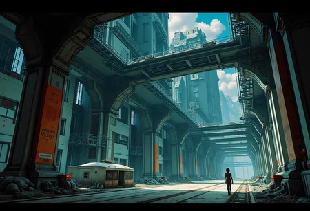 A colored CGI movie still of a megastructure in the style of blame!, with manga lineart, lots of black filling spaces, a dark horizon, and a spiritual lonely journey. The scene shows a huge open plane, a megacity, a huge open space, a brutalist architecture, stairways on towers and pillars, long slim connecting bridges, and a far away arena ceiling with cables hanging down, large pipes. The materials are dull metal and concrete. The mood is lonely, dark and gloomy. The perspective is from the side, wide lens. The scene also suggests that the megastructure is inside a giant artificial habitat, and has cables, wires, cracks and dirt.
.
A colored CGI movie still of a megastructure in the style of blame!, with manga lineart, lots of black filling spaces, a dark horizon, and a spiritual lonely journey. The scene shows a reactor, a reactorcore, windows, entrances, archways, an american mountainsummit, mountainrides, a megacity, a huge open space, a brutalist architecture, stairways on towers and pillars, long slim connecting bridges, and a far away arena ceiling with cables hanging down, large pipes. The materials are dull metal and concrete. The mood is lonely, dark and gloomy. The perspective is from the side, wide lens. The scene also suggests that the megastructure is inside a giant artificial habitat, and has cables, wires, cracks and dirt.