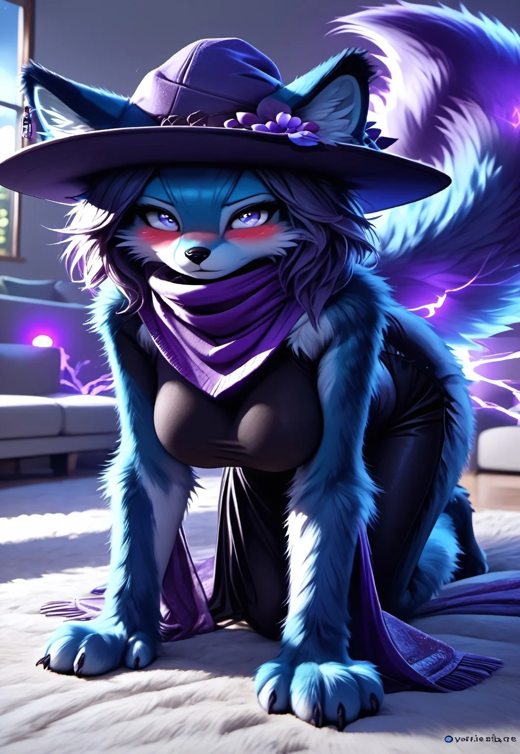 (realistic style) (Vignette ),(Night:1.3),(dramatic photo :1.3), (Ripple effect :1.3),(moving effect:1.3), (Fluff textures :1.3),(Dark color palette:1.3), (Low key lighting:1.3), (character partially obscured:1.3), (Dutch angle:1.3),(Fluff, Subject separation, depth of field(Distant shot)(Landscape view:1.3)(Katress from palworld furry female, blue fur, pure energy eyes, nose blush, covered mouth, purple hat, purple scarf, black shirt, black skirt,close up, floating hair, large hips, big breast's, big tail, (voluptuous hair:1.3)all fours on sofa in a living room, up view, glowing tail,