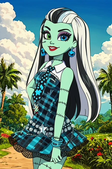 score_9, score_8_up, score_8, medium breasts, (curvy), cute, eyelashes, BREAK, , zzFrankie, heterochromia, blue eyes, green eyes, multicolored hair, aqua skin, streaked hair, black hair, white hair, long hair, stitches, jewelry, earrings, makeup, lipstick, plaid dress, skirt, bracelet, <lora:Frankie_MH_PDXL:0.8>, , BREAK, smile, looking at viewer, cowboy shot, ,,, outdoors, sky, day, cloud, tree, blue sky, sunny, ,,, Expressiveh, ,,, <lora:Alola_Style_PDXL:0.8>, <lora:Expressive_H-000001:0.4>,