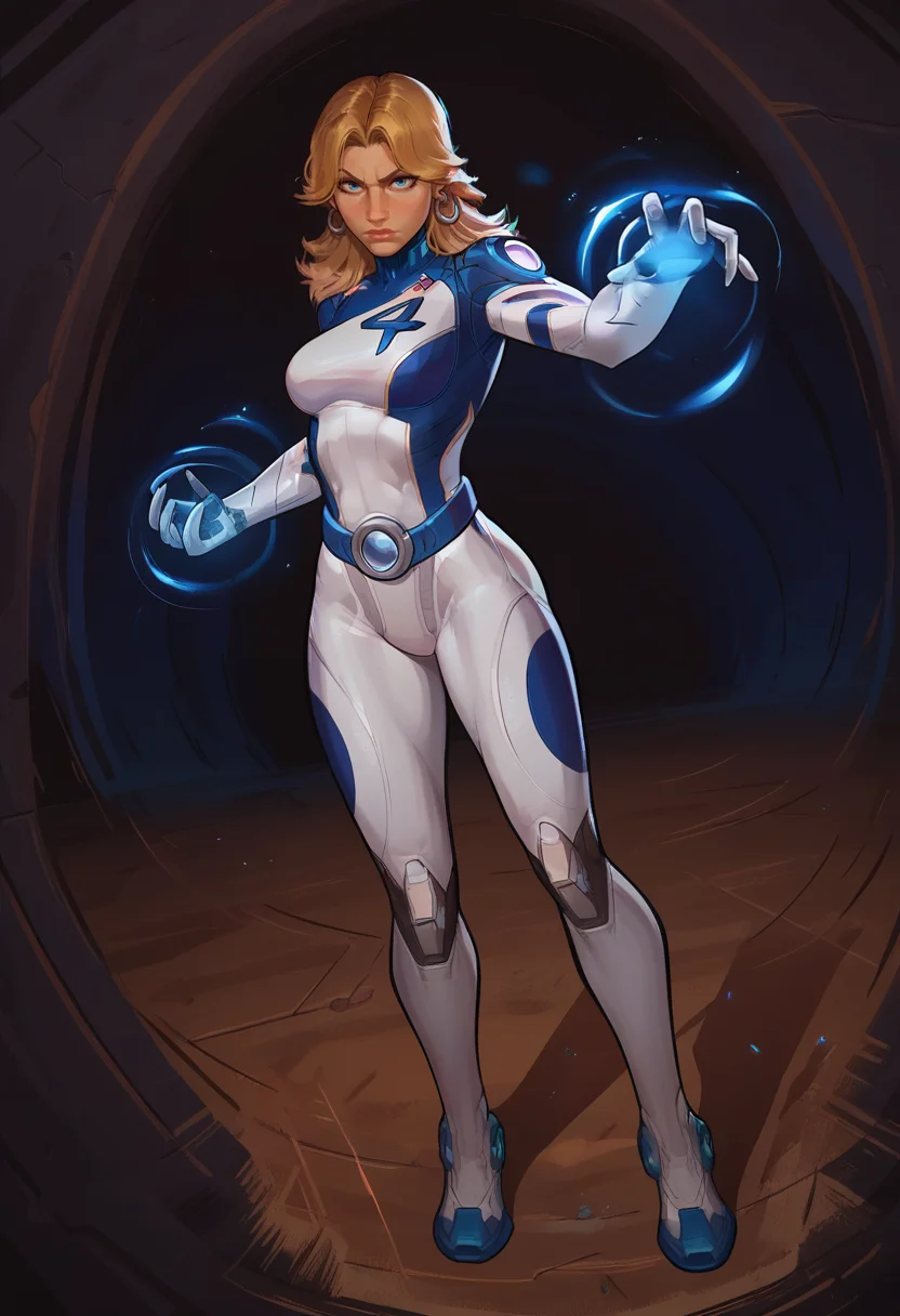score_9, score_8_up, score_7_up, score_6_up, expressiveh, invisiblewoman_rivals, 1girl, solo, full body, blonde hair, long hair, eyeliner, blue eyes, earrings, bodysuit, white bodysuit, white clothes, gloves, belt, boots, blue details, looking at viewer, glowing hands, blue energy, detailed background, posing, dynamic angle, dynamic pose, godrays, dynamic light, dramatic light, action pose, dynamic, action scene, force field, fierce expression, futuristic facility, technology, indoors, <lora:Smooth Style 2 SDXL_LoRA_Pony Diffusion V6 XL:0.3> <lora:incase-ilff-v3-4:0.8> <lora:AsuraLycoXL:0.4> <lora:Invisible_Woman_Marvel_Rivals_-_PonyXL:0.7>