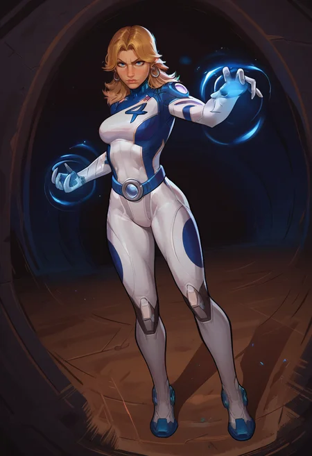 score_9, score_8_up, score_7_up, score_6_up, expressiveh, invisiblewoman_rivals, 1girl, solo, full body, blonde hair, long hair, eyeliner, blue eyes, earrings, bodysuit, white bodysuit, white clothes, gloves, belt, boots, blue details, looking at viewer, glowing hands, blue energy, detailed background, posing, dynamic angle, dynamic pose, godrays, dynamic light, dramatic light, action pose, dynamic, action scene, force field, fierce expression, futuristic facility, technology, indoors, <lora:Smooth Style 2 SDXL_LoRA_Pony Diffusion V6 XL:0.3> <lora:incase-ilff-v3-4:0.8> <lora:AsuraLycoXL:0.4>  <lora:Invisible_Woman_Marvel_Rivals_-_PonyXL:0.7>