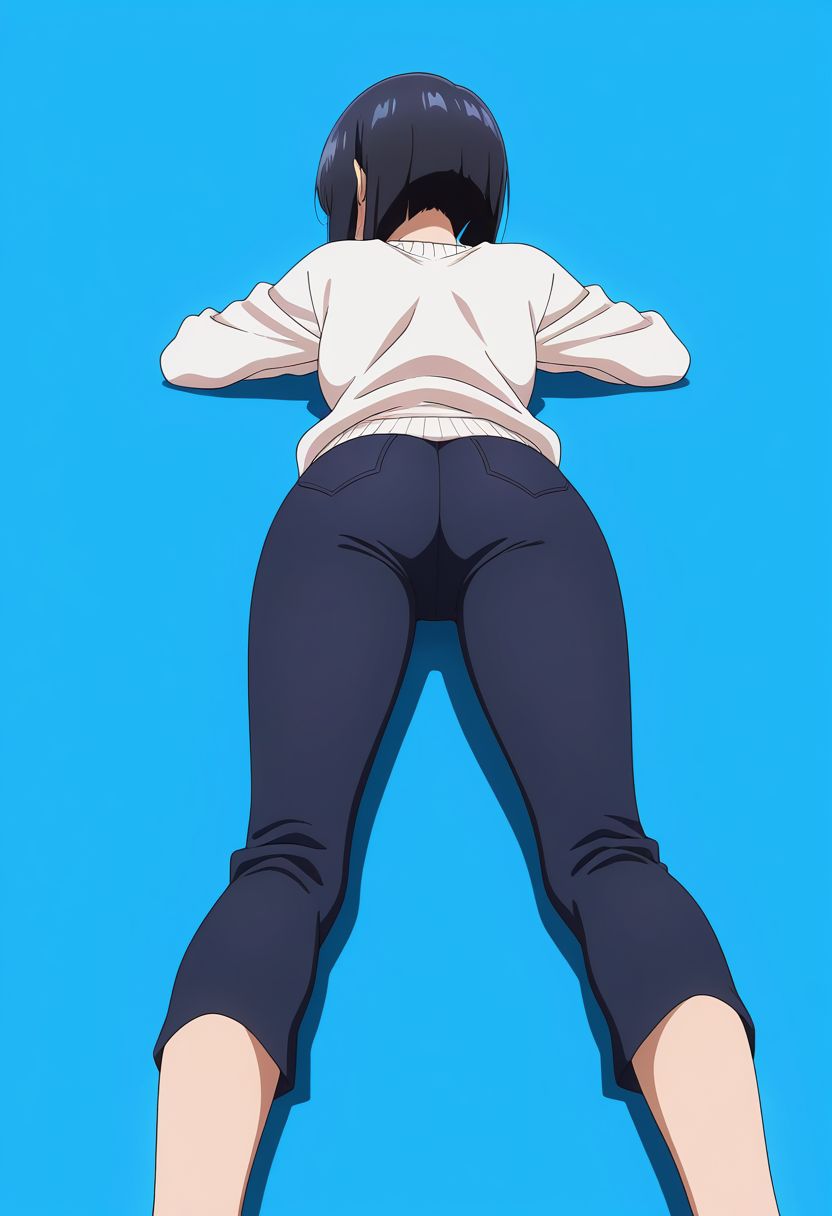 masterpiece, best quality, amazing quality, anime coloring, anime screencap,  1girl, inverted bob, white sweater, capri pants, black pants,  black hair,  blue background,  simple background,   lying, on stomach,