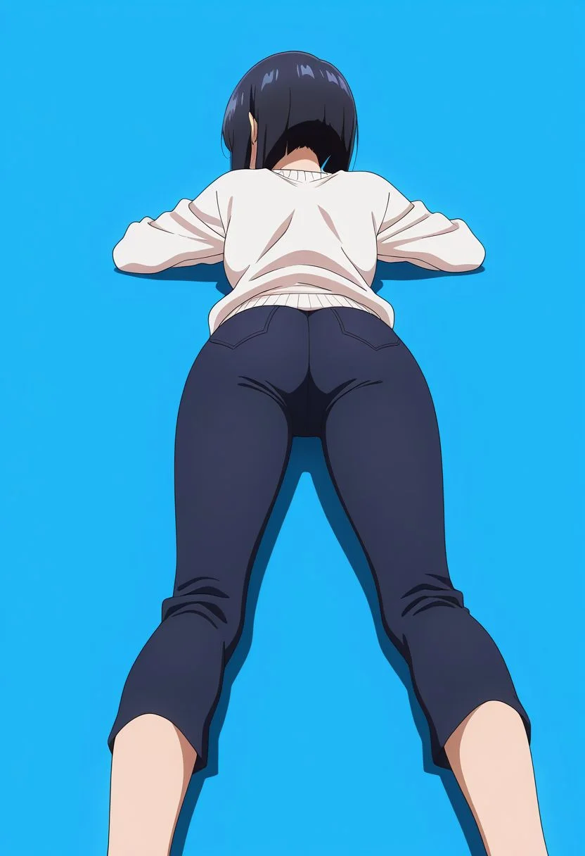masterpiece, best quality, amazing quality, anime coloring, anime screencap, 1girl, inverted bob, white sweater, capri pants, black pants, black hair, blue background, simple background, lying, on stomach,