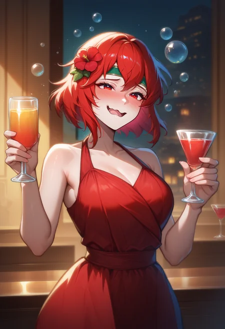 masterpiece, best quality, newest, absurdres, highres, <lora:NSMinervaFESD:1> NSMinervaMisc, red eyes, red hair, short hair, green headband, hair flower, red flower, red gown, evening dress, collarbone, holding glass, cocktail glass, bubbles, wavy mouth, drunk, happy, indoors, open mouth