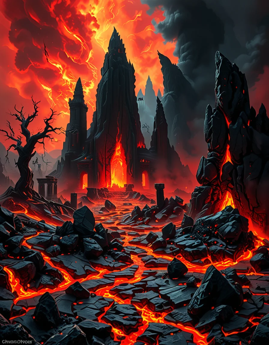 A terrifying and surreal depiction of the depths of Hell. The landscape is vast and nightmarish, filled with jagged obsidian cliffs, rivers of molten lava, and towering spires of blackened rock. The sky is a swirling vortex of crimson and black, illuminated by eerie, flickering flames. Chains dangle from massive, decaying arches, and tormented souls writhe in agony, their ghostly figures stretching toward the burning sky. Demonic creatures with twisted horns and glowing eyes lurk in the shadows, watching hungrily. The ground is cracked and scorched, exhaling thick plumes of sulfuric smoke. In the distance, a colossal, menacing throne made of skulls and bones looms over the infernal landscape, occupied by a shadowy, horned figure. The atmosphere is thick with despair, enhanced by a dramatic, chiaroscuro lighting effect that contrasts the deep shadows with the hellish glow of the flames. Hyper-realistic, highly detailed, dark fantasy style.
<lora:SDXLFaeTastic2400:0.4> <lora:extremely_detailed:0.4> extremely detailed,<lora:depths_of_h3ll:1>,depths of h3ll, Masterpiece,best quality,hi res,8k,hi res,8k,award winning,(sharp focus, intricate, highly detailed),