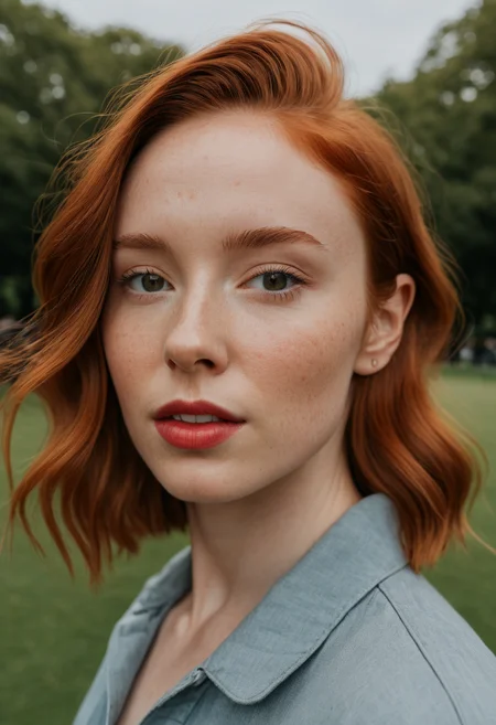 <lora:JuggerCineXL2:0.8> raw photo, raw picture, realism, realistic style, a photo \(medium\) of katiekones \(subject\), wearing acute outfit for me \(wardrobe\), in the park \(background\), looking off camera, red hair, thin lips, facial skin fuzz, body freckles, full body, portrait, highres, best quality, full sharp, 4 k photography, real <lora:katiekones_v1:1>, detailed skin texture, (blush:0.5), (goosebumps:0.5), subsurface scattering, RAW candid cinema, 16mm, color graded portra 400 film, remarkable color, ultra realistic, textured skin, remarkable detailed pupils, realistic dull skin noise, visible skin detail, skin fuzz, dry skin, shot with cinematic camera