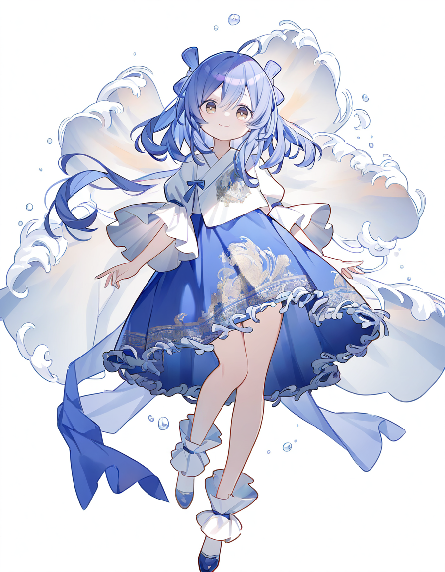 1girl,solo,looking at viewer,simple background,white background,jiangyalu,blue hair,blue dress,brown eyes,smile,<lora:jiangyalu-000014:1>,full body,quan \(kurisu tina\),, masterpiece, best quality, very aesthetic, absurdres,newest, incredibly absurdres,
