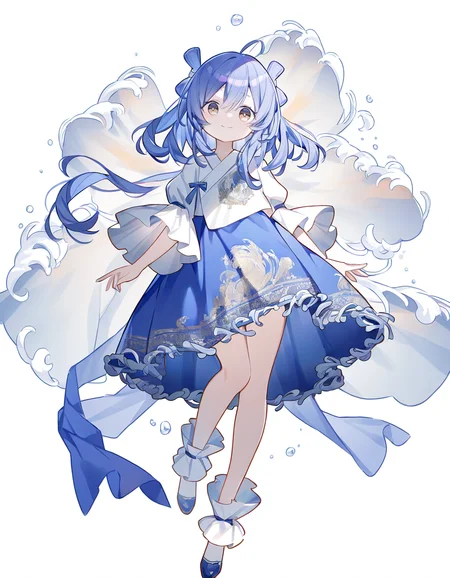 1girl,solo,looking at viewer,simple background,white background,jiangyalu,blue hair,blue dress,brown eyes,smile,<lora:jiangyalu-000014:1>,full body,quan \(kurisu tina\),, masterpiece, best quality, very aesthetic, absurdres,newest, incredibly absurdres,