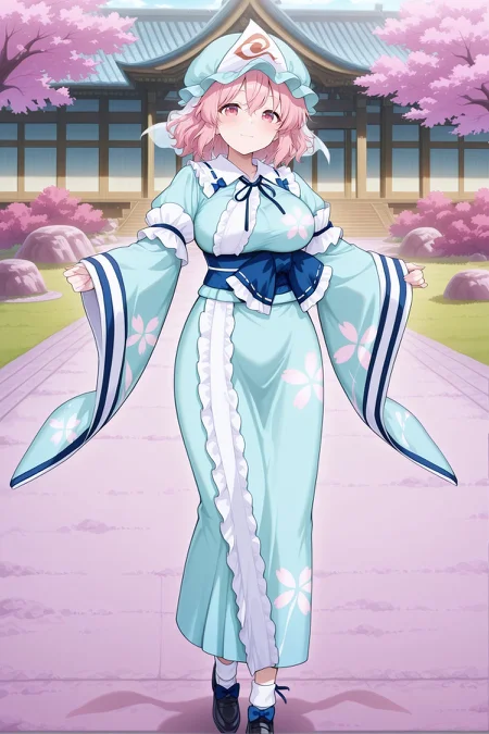 absurdres, highres, masterpiece, best quality, amazing quality, official anime artwork, screencap, anime screencap, outdoors, looking at viewer, light smile, dynamic pose, standing,
<lora:Yuyuko-Saigyouji_IllustriousV3:1> saigyouji yuyuko, 1girl, solo, pink eyes, pink hair, short hair, large breasts,, saigyouji yuyuko \(ghost girl in the netherworld tower\), alternate costume, alternate headwear color, aqua hat, triangular headpiece, mob cap, aqua kimono, cherry blossom print, floral print, frilled kimono, long sleeves, sleeve garter, sash, blue ribbon, white socks, black shoes,