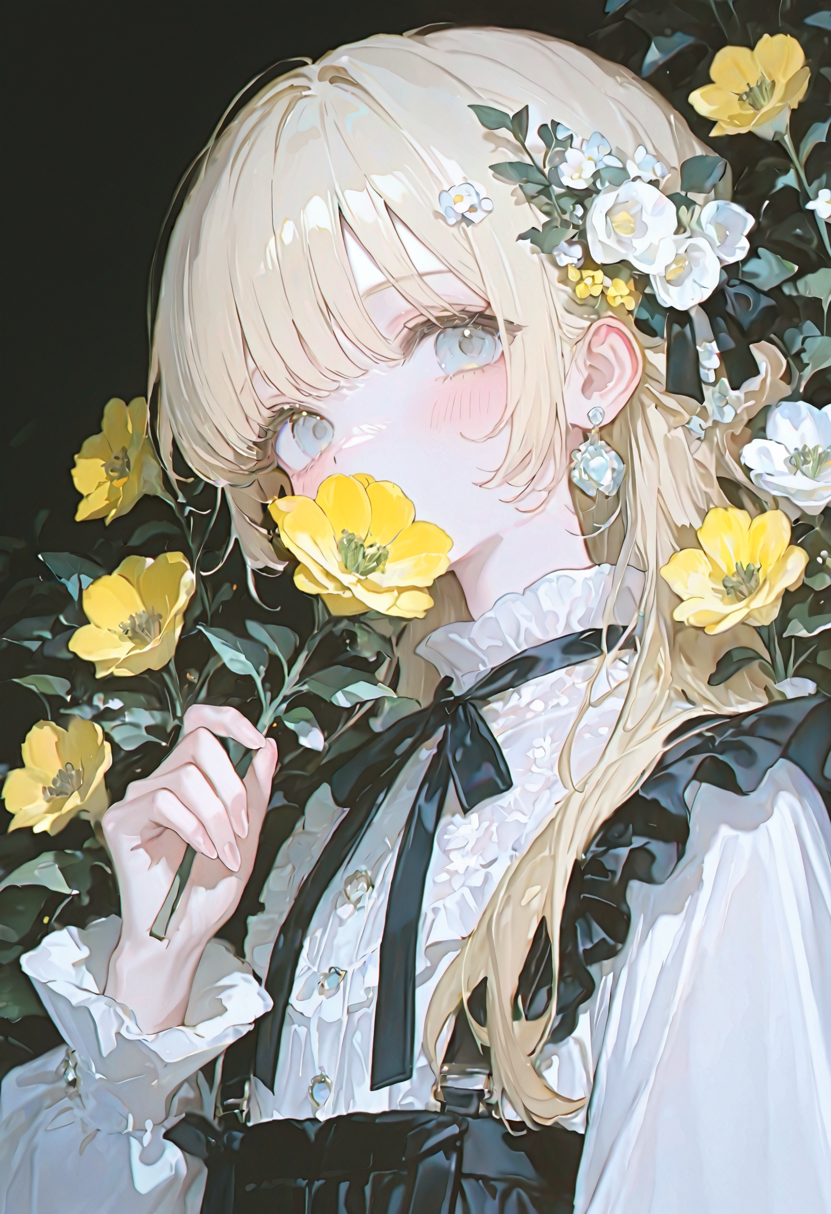 <lora:a290YTJfQUk=-illustriousXL_v01_V2-CAME>, a290, 1girl, flower, solo, long hair, looking at viewer, holding, jewelry, upper body, holding flower, earrings, dress, blush, long sleeves, ribbon, yellow flower, grey eyes, hair ornament, shirt, frills, neck ribbon, black dress, white shirt, hair flower, black ribbon, suspenders, blue eyes, hand up, covered mouth, blonde hair, black background, plant, leaf, white flower