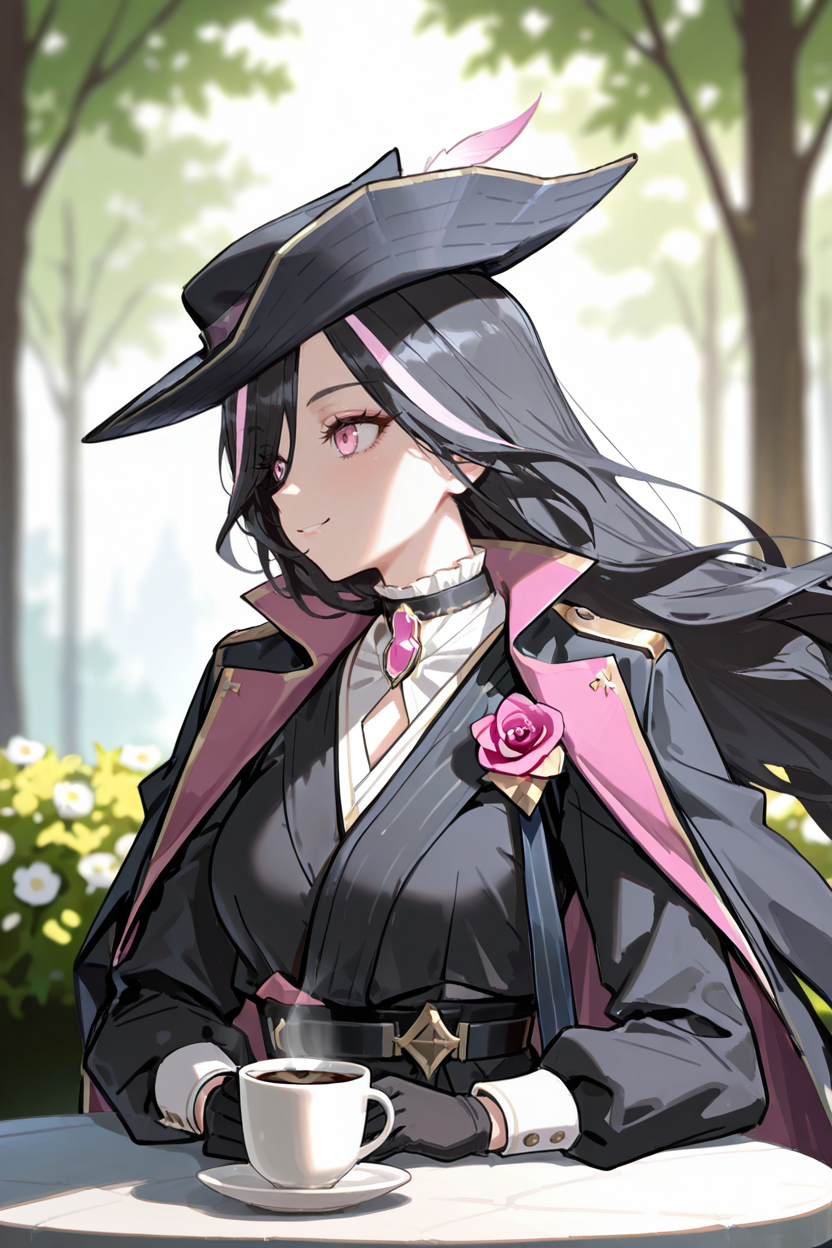 masterpiece, best quality, very aesthetic, newest, absurdres, highres,
1girl, solo,
 <lora:CloriBlackWhitePinkVerIllustriousV1:1> cloriblackwhitepinkver, long hair, black hair,  streaked hair, pink eyes, black headwear, black leotard, high collar, jacket on shoulders, choker, flower, long sleeves, gloves,
sitting, smile, looking to the side, coffee, floating hair, outdoors, flowers, upper body, 
lens flare, dim lighting, rim lighting, sunlight, dappled sunlight, blurry background,
<lora:MoriiMee_Gothic_Niji_Style_Illustrious_r1:0.3> artist:moriimee <lora:QUASARCAKEXLillokrV531:0.5>