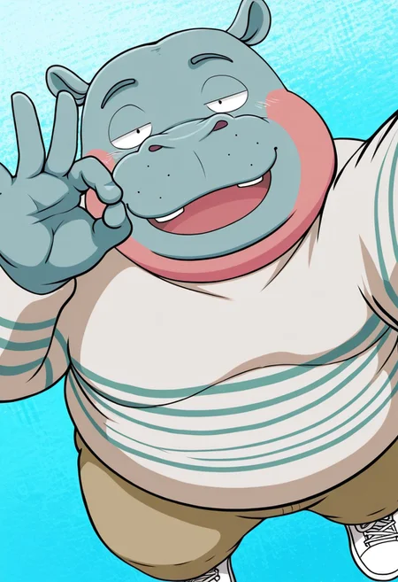 T41ch1, solo, muted blue background, abstract background, 1boy, male, anthro, hippo, muted blue skin, short ears, chubby, fat, big belly, overweight, black eyes, dusty rose skin, two tone face, hippo tail, white sweater, teal horizontal stripes, khaki pants, white sneakers, BREAK selfie, upper body, from above, looking up at viewer, three quarter view, half eyes closed, ok sign, hand gesture, showing hippo teeth, close-up, half open mouth,happy, upper body