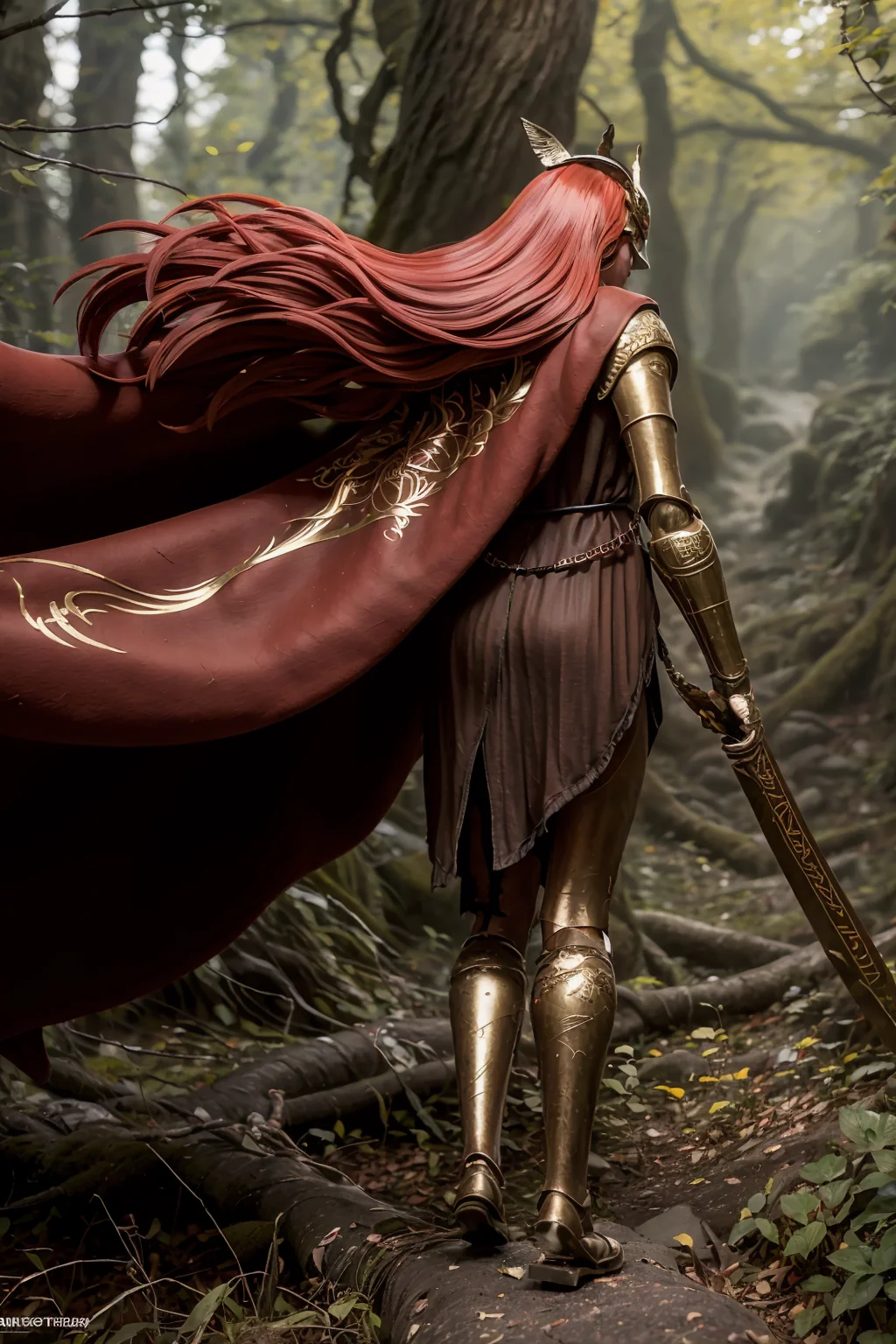 eldenring\(malenia\), (8k, RAW photo, best quality, masterpiece:1.2), (realistic, photo-realistic:1.37), very long hair, beautiful face, beautiful eyes, 1girl, beautiful face, (long red cape:1.3), solo, mecha right arm, mecha left leg, (cursed_left_arm), very long hair, red hair, red cape, dress, covered eyes, closed mouth, full body,(right hand prosthesis:1.3), (((left hand is nature))), ((prosthesis left leg:1.2)),(right leg is nature:1.1), stroll in the woods, green trees, weapon, holding blade, face to the viewer, malenia_blade, tattoo, from back