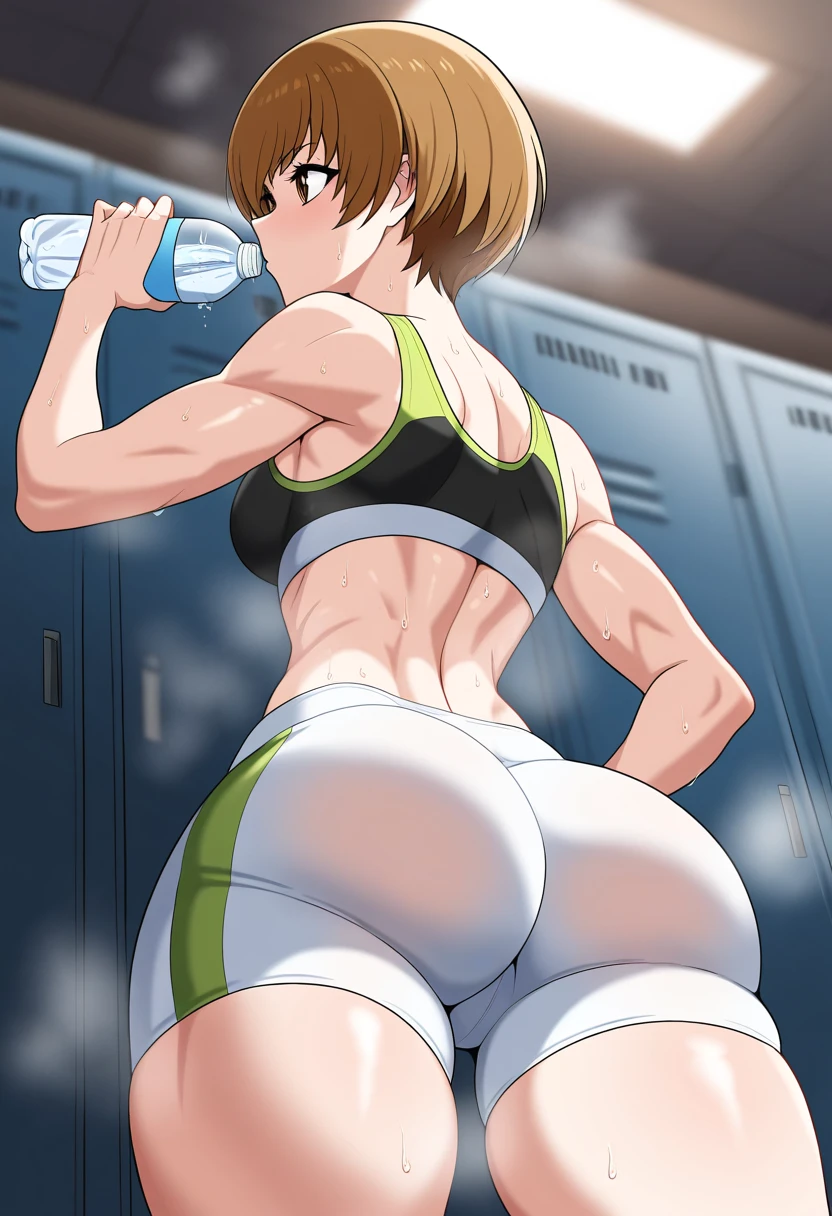 1girl, solo, satonaka chie, , standing, bike shorts, sports bra, sweat, drinking water, steaming body, toned, narrow waist, wide hips, from below, looking to the side, locker room, water bottle, hand on own hip, brown eyes, asscus, 
masterpiece, best quality, 