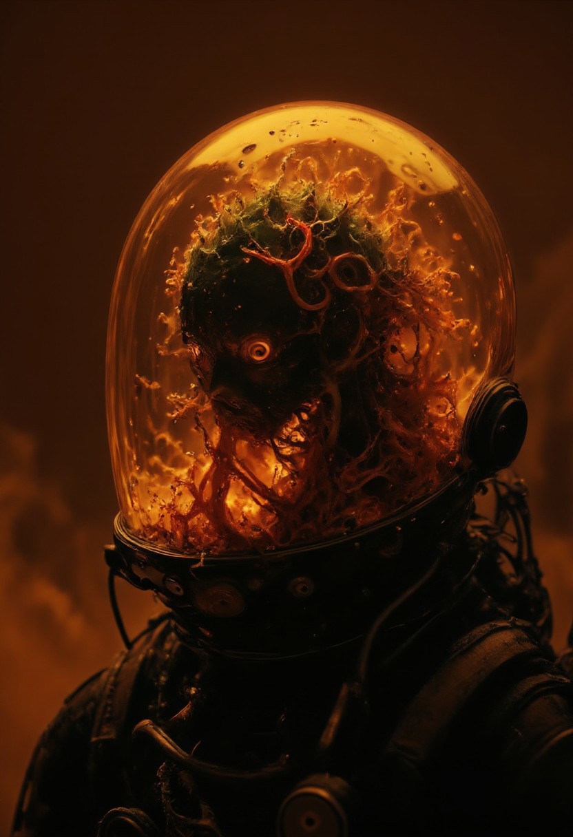 Close-up of an astronaut standing on a dusty, dark planet, with rough winds sweeping through the pale orange, dust-filled atmosphere. The focus is on the helmet, where colorful, translucent fungal networks twist and grow inside, faintly glowing from within. The delicate glow casts soft, ethereal light across the organic tendrils, creating a hauntingly beautiful contrast against the dark, worn helmet. Deep within the tangled fungi, two faint eyes can barely be seen, adding a mysterious, eerie presence. The scene is detailed, with an otherworldly, ominous atmosphere.