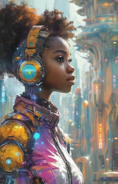 masterpiece,best quality,<lora:tbh324-sdxl:0.9>,illustration,style of Afrofuturism, tech genius teenage girl