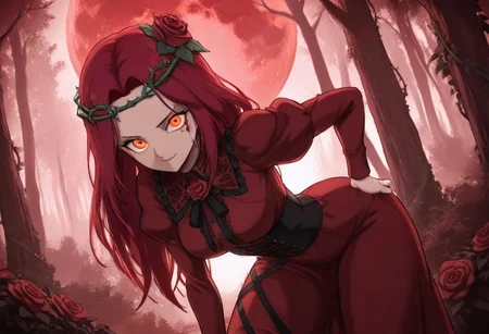 masterpiece, best quality, very aesthetic, absurdres, 1girl, solo, looking at viewer, leaning forward, smile, red hair, long hair, glowing red-orange eyes, rust red dress, high collared burgundy shirt, long sleeves, rose patterns on puffy shoulder sleeves, collared dress, wide embroidered black lace collar with one large real red rose in the center, (black dead thorny circlet crown) of thorns on her head, corset with leather straps, thorny rose vines, detailed background, low-key, red haze, red roses, dark fantasy forest, blood moon behind the trees, dynamic akanbe pose