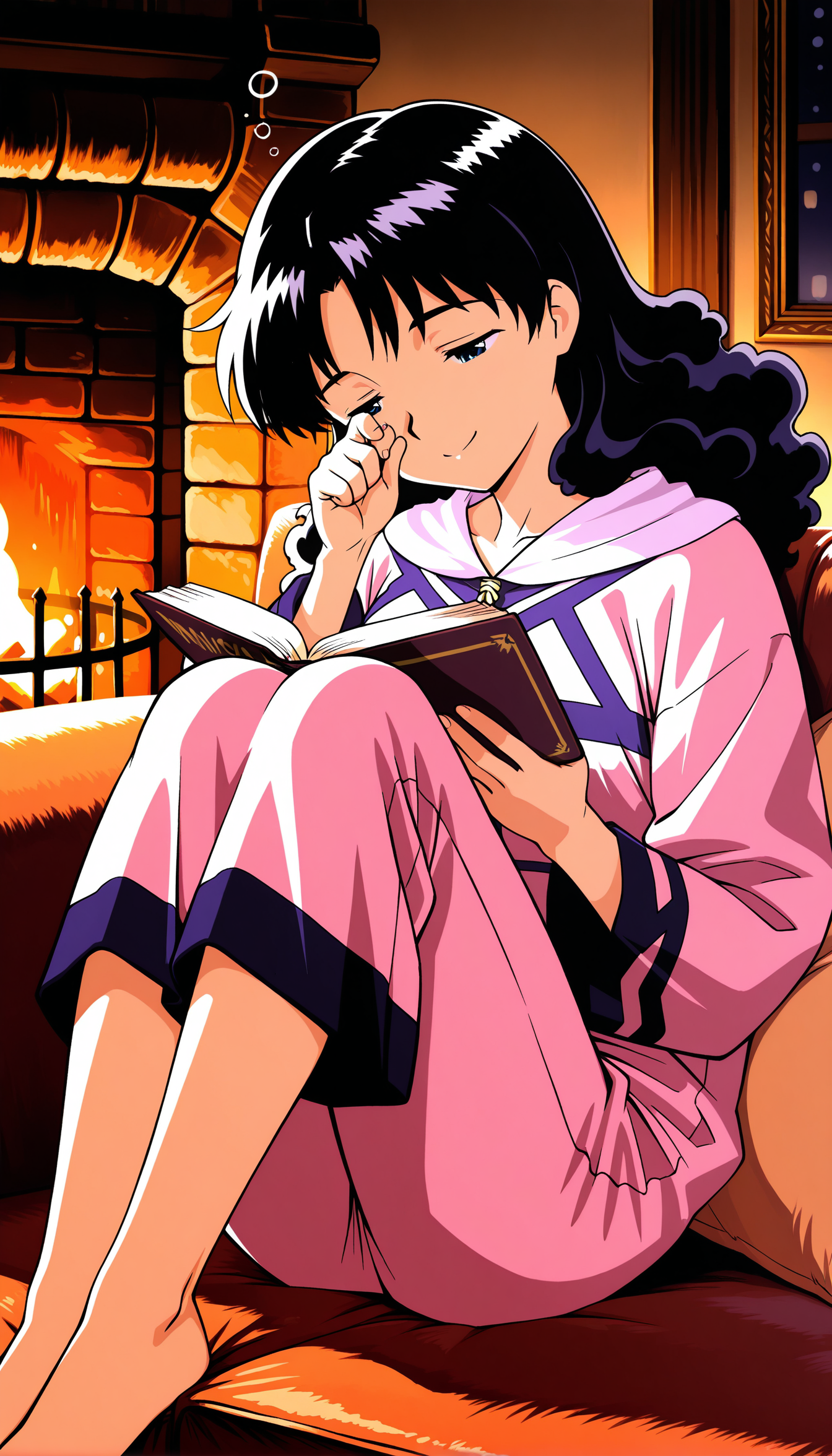 masterpiece,best quality,amazing quality, 1girl, mia_ausa, pajamas, hot cocoa, sitting on couch, legs curled up, reading, sleepy, fireplace, smile